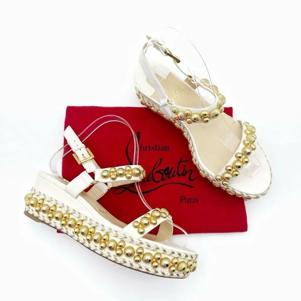 CHRISTIAN LOUBOUTIN Rondaclou Studded Chunky Wedge Heels Size 37 Sandals White